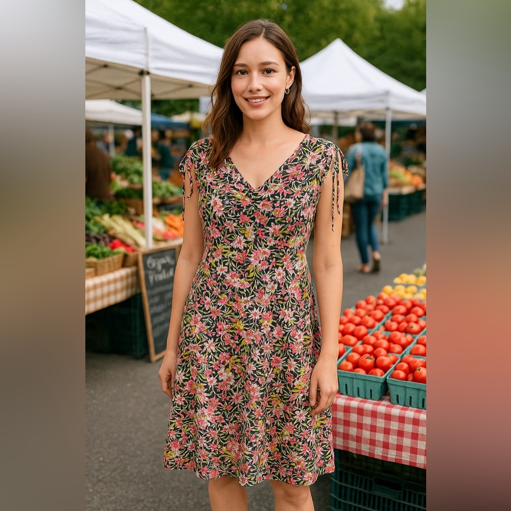 April Cornell Floral Midi Dress in Black with Pink & Green